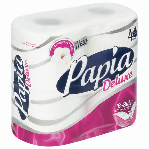 Бумага туалетная быт., спайка 4 шт., 4-слойная (4х16 м), PAPIA DELUXE, белая,
