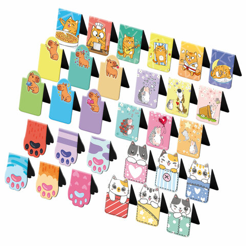 Закладки для книг МАГНИТНЫЕ, "ЯРКИЙ МИКС", комплект 30 штук, 35x25 мм,