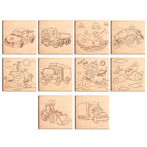 Заготовки деревянные для выжигания "Транспорт", 5 шт., 10 рисунков,