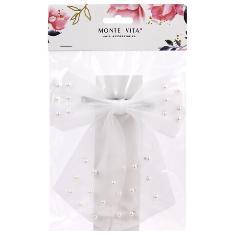 Заколка для волос 16х14 см, баретте с бантом и бусинами, белый, MONTE VITA Заколка для волос 16х14 см, баретте с бантом и бусинами, белый, MONTE VITA