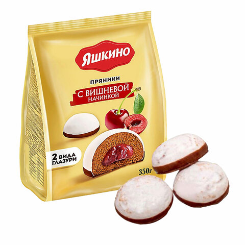 Пряники ЯШКИНО "С вишневой начинкой" мягкие в двойной глазури, 350 г, Пряники ЯШКИНО "С вишневой начинкой" мягкие в двойной глазури, 350 г,