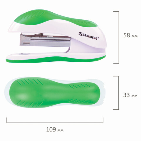 Степлер №10 BRAUBERG "JET", до 15 листов, эргономичный, бело-зеленый,