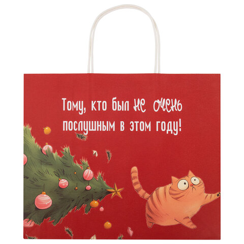 Пакет подарочный (1 штука), новогодний, 28х14х24 см "Котики", крафт,