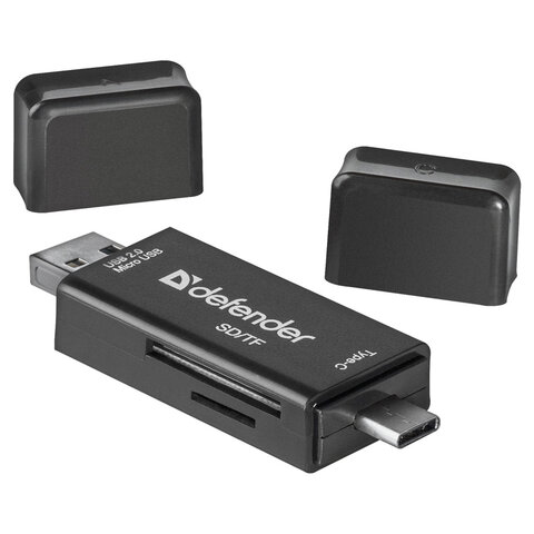 Картридер DEFENDER Multi Stick, USB 2.0, microUSB, Type-C, порты SD, micro SD,
