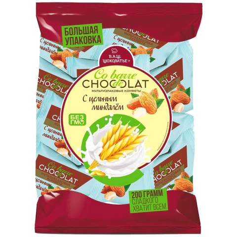 Конфеты мультизлаковые CO BARRE DE CHOCOLAT с цельным миндалем, 200 г, пакет,