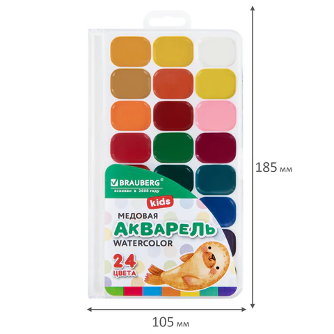 Краски акварельные BRAUBERG KIDS NEW, медовые, 24 цвета, квадратные кюветы, Краски акварельные BRAUBERG KIDS NEW, медовые, 24 цвета, квадратные кюветы,