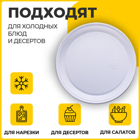 Одноразовые тарелки плоские, КОМПЛЕКТ 100 шт., пластик, d=220 мм,