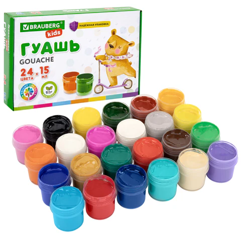 Гуашь BRAUBERG KIDS 24 цвета по 15 мл, надежная упаковка, 192688