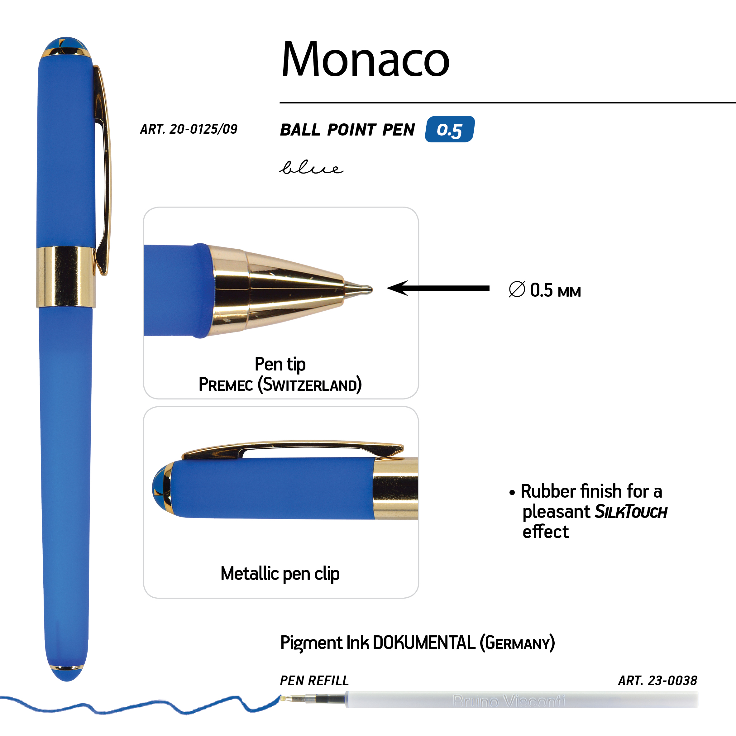 РУЧКА "MONACO" ШАРИКОВАЯ 0.5 ММ, СИНЯЯ (ярко-синий корпус)