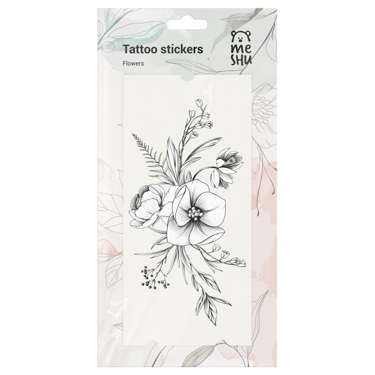 Наклейка-тату MESHU, "Flowers", 9*19см, 3 листа, инд. уп., европодвес Наклейка-тату MESHU, "Flowers", 9*19см, 3 листа, инд. уп., европодвес