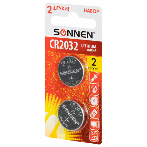 Батарейки литиевые SONNEN Lithium CR2032, "таблетки, дисковые,