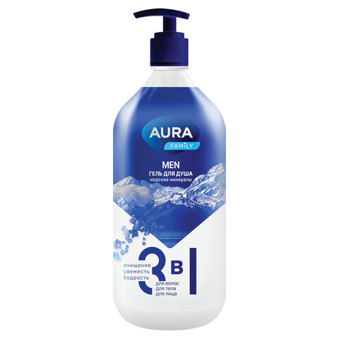 Гель для душа 3 в 1 для волос, тела и лица 1 л, AURA FAMILY MEN "Морские Гель для душа 3 в 1 для волос, тела и лица 1 л, AURA FAMILY MEN "Морские