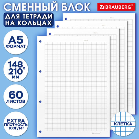 Сменный блок для тетради на кольцах А5, 60 л., BRAUBERG, EXTRA ПЛОТНЫЙ 100 г/м2,