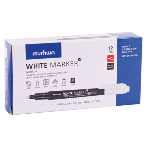 Маркер перманентный БЕЛЫЙ, круглый наконечник 2-4 мм, MUNHWA, WPMM-05 Маркер перманентный БЕЛЫЙ, круглый наконечник 2-4 мм, MUNHWA, WPMM-05