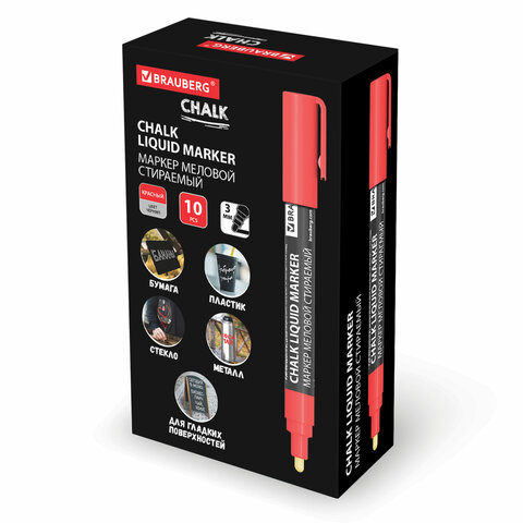 Маркер меловой CHALK LIQUID MARKER, КРАСНЫЙ, 3 мм, стираемый, BRAUBERG Маркер меловой CHALK LIQUID MARKER, КРАСНЫЙ, 3 мм, стираемый, BRAUBERG