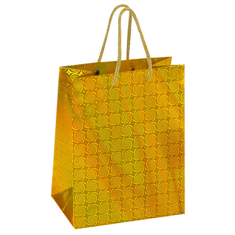 Пакет подарочный 18x10x23 см (M), НАБОР 10 шт., 5 дизайнов, голография, ЗОЛОТАЯ