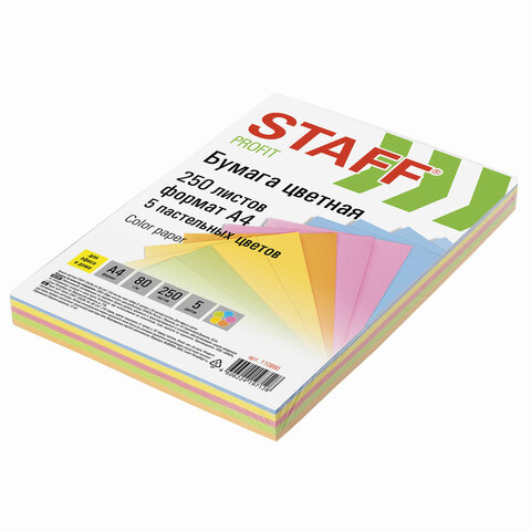 Бумага цветная STAFF COLOR, А4, 80 г/м2, 250 л. (5 цв. х 50 л.), пастель, для