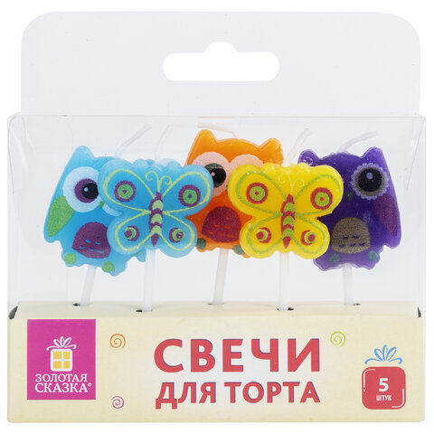 Свечи фигурные для торта на шпажках "Совы и бабочки", 5 шт., Свечи фигурные для торта на шпажках "Совы и бабочки", 5 шт.,