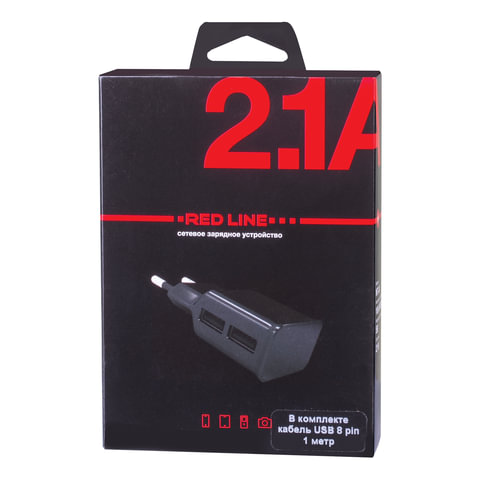 Зарядное устройство сетевое (220 В), RED LINE NT-2A, кабель для IPhone (iPad) 1