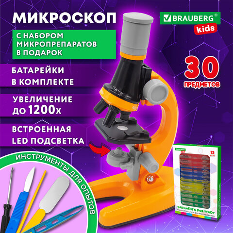 Микроскоп с подсветкой, 30 предметов, в т.ч. набор из 12 микропрепаратов в