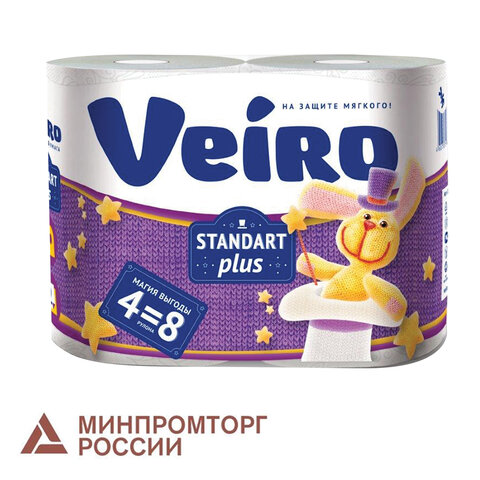 Бумага туалетная бытовая, спайка 4 шт., 2-х слойная (4х30 м), VEIRO Standart Бумага туалетная бытовая, спайка 4 шт., 2-х слойная (4х30 м), VEIRO Standart