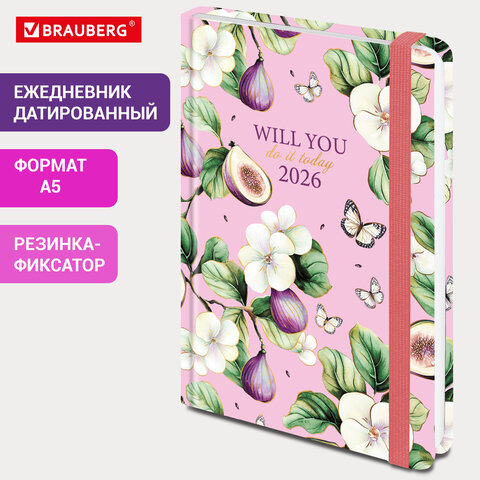 Ежедневник датированный 2026 с резинкой 145х203 мм, А5, BRAUBERG, твердый,