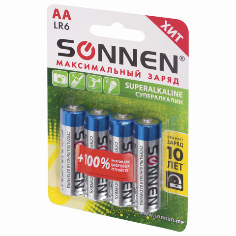 Батарейки КОМПЛЕКТ 4 шт., SONNEN Super Alkaline, АА (LR6,15А), алкалиновые, Батарейки КОМПЛЕКТ 4 шт., SONNEN Super Alkaline, АА (LR6,15А), алкалиновые,
