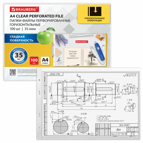 Папки-файлы перфорированные горизонтальной ориентации А4 BRAUBERG, КОМПЛЕКТ 100