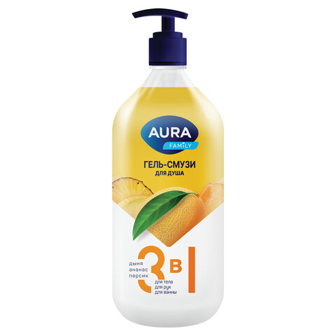 Гель-смузи для душа 3 в 1 для тела, рук и ванны 1 л, AURA FAMILY "Дыня, Гель-смузи для душа 3 в 1 для тела, рук и ванны 1 л, AURA FAMILY "Дыня,