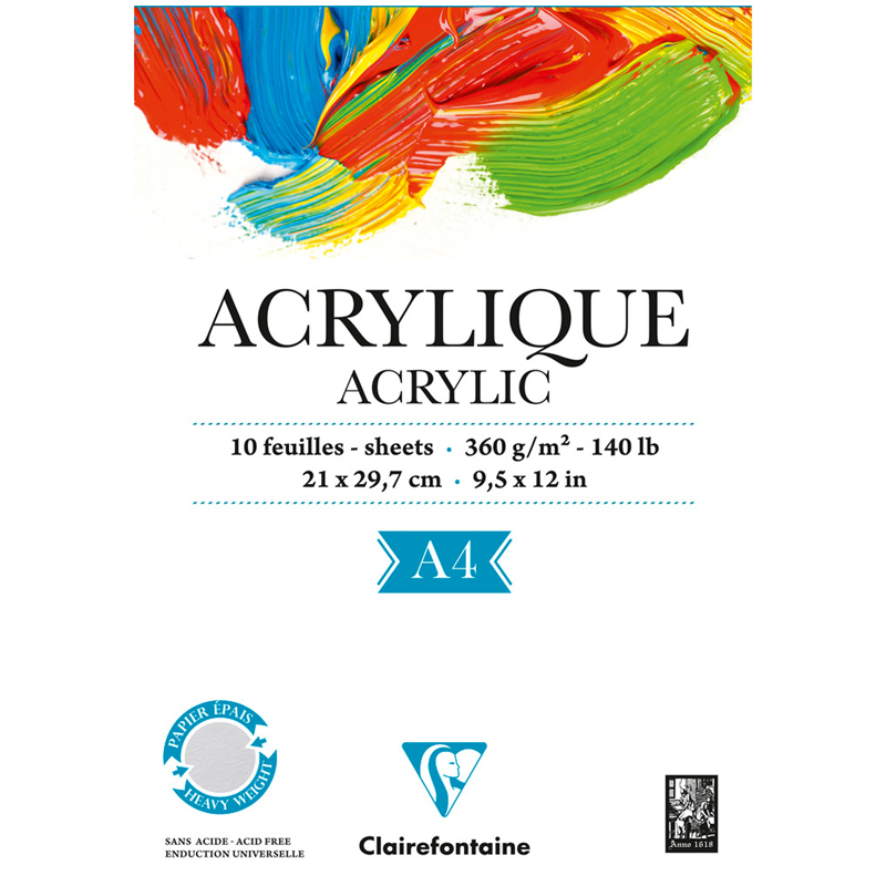 Альбом для акрила 10л., А4, на склейке Clairefontaine "Acrylic", Альбом для акрила 10л., А4, на склейке Clairefontaine "Acrylic",