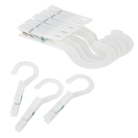 Прищепки бельевые с крючком 13 см, КОМПЛЕКТ 5 штук, пластик, белые, PRIMILA