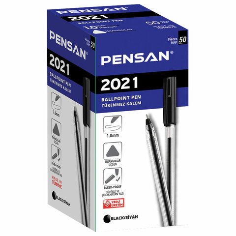 Ручка шариковая масляная PENSAN 2021, ЧЕРНАЯ, трехгранная, узел 1мм, линия