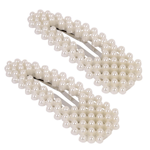 Заколки для волос НАБОР 2 шт., 7,5х2,5 см, клик-клак, с жемчужинами, белый, Заколки для волос НАБОР 2 шт., 7,5х2,5 см, клик-клак, с жемчужинами, белый,