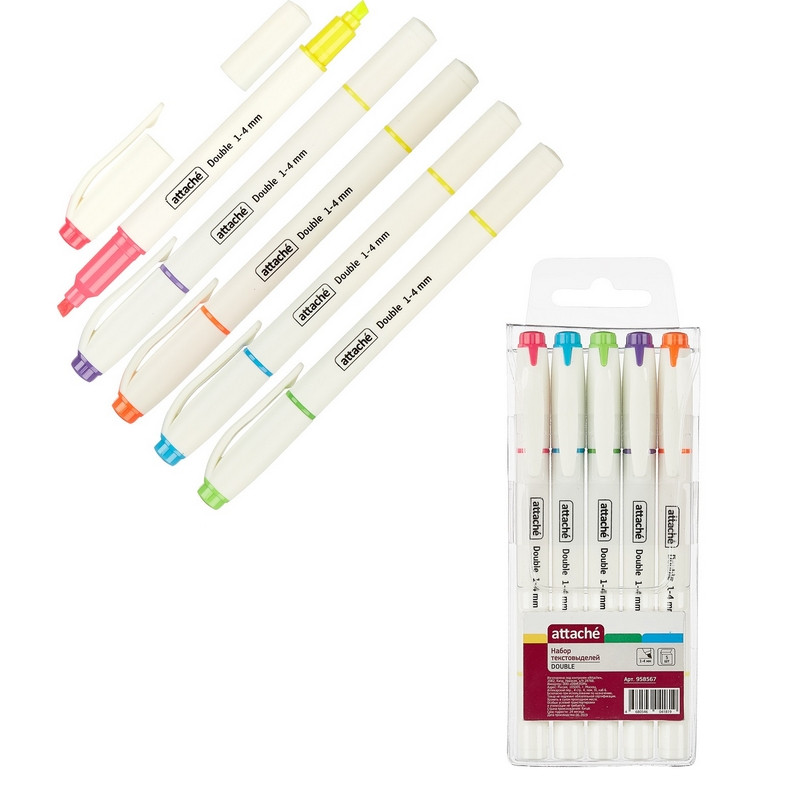 Маркер выделитель текста Attache Double 1-4 мм набор 6 цветов/5 маркеров Маркер выделитель текста Attache Double 1-4 мм набор 6 цветов/5 маркеров