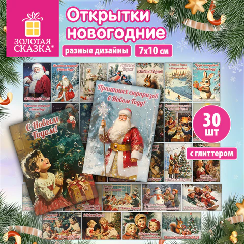 Открытки новогодние, НАБОР 30 ДИЗАЙНОВ в стиле РЕТРО, 7х10 см, глиттер, ЗОЛОТАЯ
