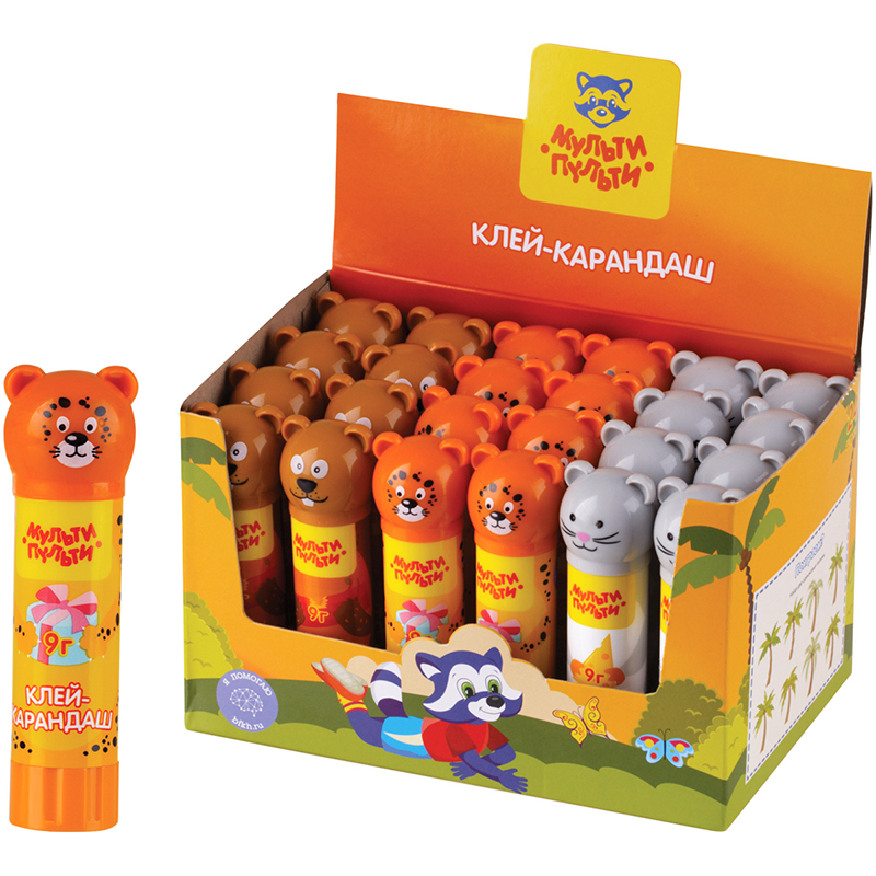 Клей-карандаш Мульти-Пульти "Зверята: Бобер, Леопард, Мышь", 09г, Клей-карандаш Мульти-Пульти "Зверята: Бобер, Леопард, Мышь", 09г,