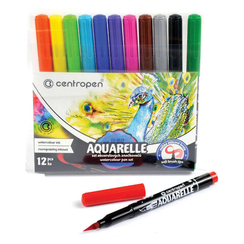 Маркеры-кисти акварельные 12 ЦВЕТОВ CENTROPEN "Aquarelle", линия