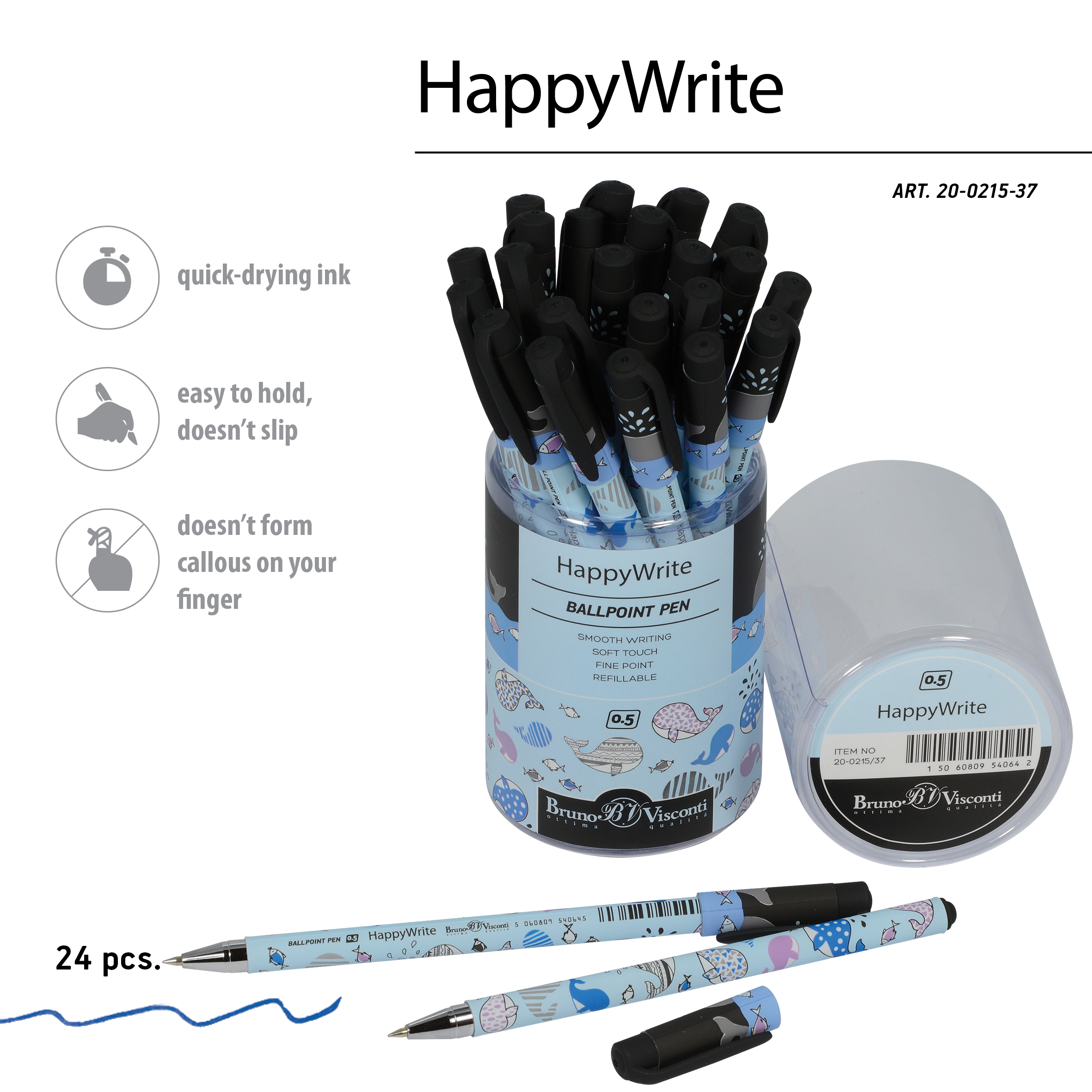 РУЧКА "HappyWrite. Друзья. Киты" ШАРИКОВАЯ 0.5 ММ, СИНЯЯ