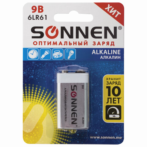 Батарейка SONNEN Alkaline, Крона (6LR61, 6LF22, 1604A), алкалиновая, 1 шт., Батарейка SONNEN Alkaline, Крона (6LR61, 6LF22, 1604A), алкалиновая, 1 шт.,
