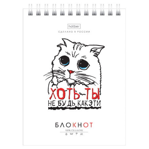 Блокнот МАЛЫЙ ФОРМАТ А6, 40 л., гребень, картон, клетка, HATBER,