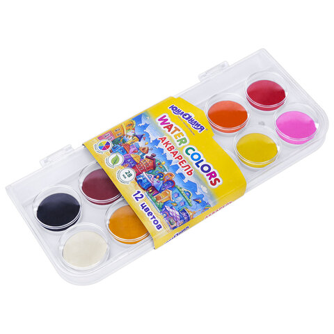 Краски акварельные ЮНЛАНДИЯ "ДОМИКИ", 12 цветов, круглые кюветы 28 мм,