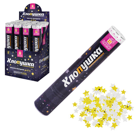 Хлопушка пневматическая 30 см "Звёзды", фольга, золото и серебро, Хлопушка пневматическая 30 см "Звёзды", фольга, золото и серебро,