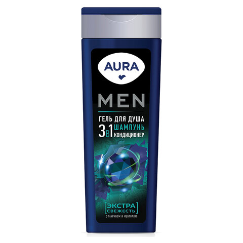 Гель для душа 3 в 1, шампунь + кондиционер 380 мл, AURA MEN "Экстра Гель для душа 3 в 1, шампунь + кондиционер 380 мл, AURA MEN "Экстра