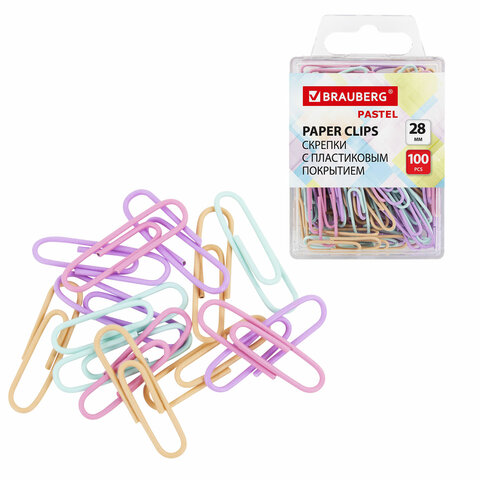 Скрепки BRAUBERG PASTEL, 28 мм, пастельные цвета, 100 шт., в пластиковой