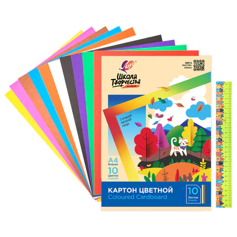 Картон цветной А4 немелованный, 10 л., 10 цветов, в папке, ЛУЧ "Школа