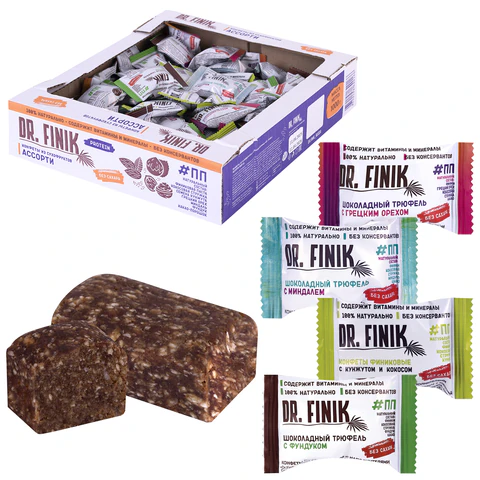 Конфеты финиковые DR.FINIK ассорти (фундук, миндаль, грецкий орех, кунжут), без