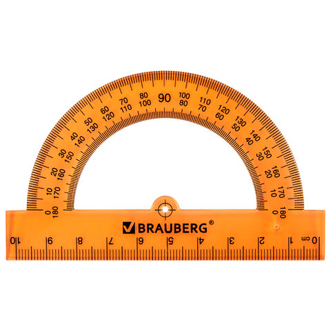 Транспортир пластиковый 10 см, 180 градусов, BRAUBERG, прозрачный, неоновый,