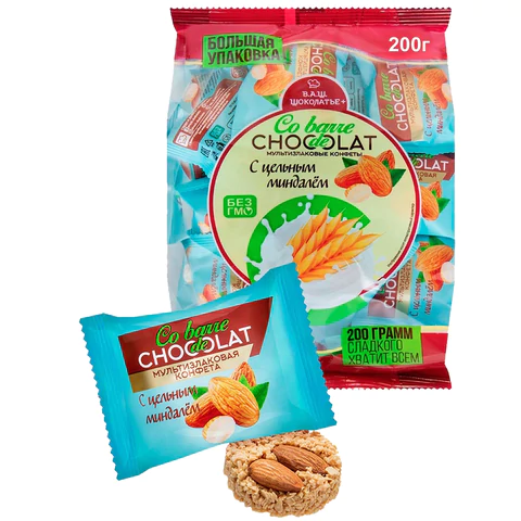 Конфеты мультизлаковые CO BARRE DE CHOCOLAT с цельным миндалем, 200 г, пакет,