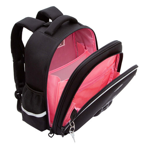 Ранец GRIZZLY анатомическая спинка, c брелоком, для девочек, "HEARTS",