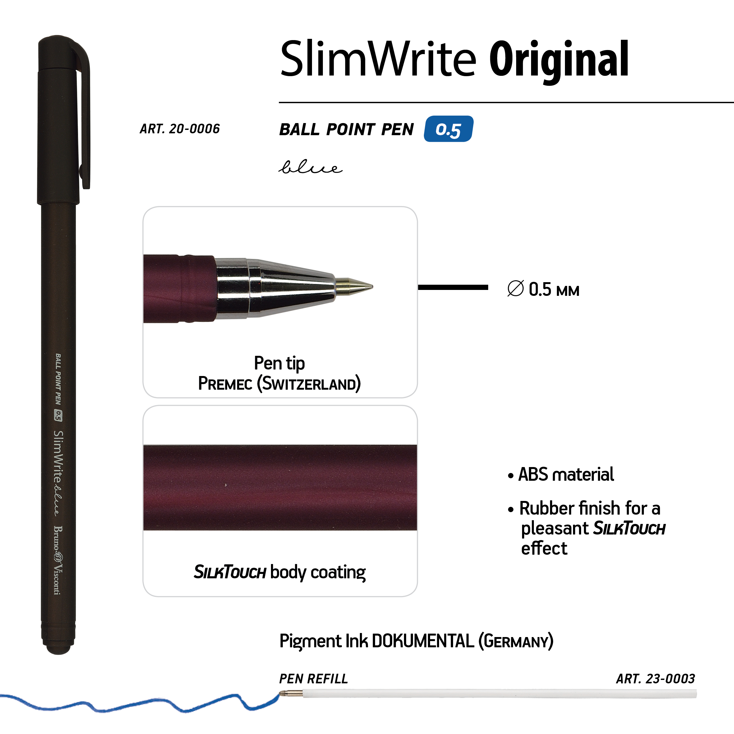 РУЧКА "SlimWrite.ORIGINAL" ШАРИКОВАЯ 0.5 ММ, СИНЯЯ (3 цвета корпуса)